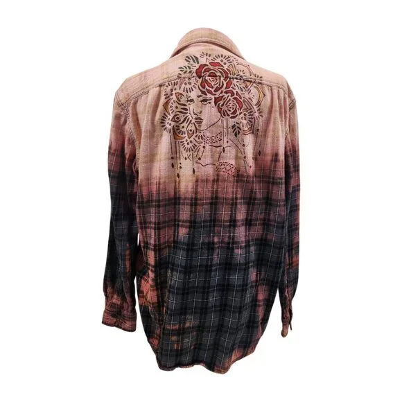 Upcycled Hand PaintedFlowers Butterflies Flannel Shirt - Bleached Red M - Picture 5 of 10